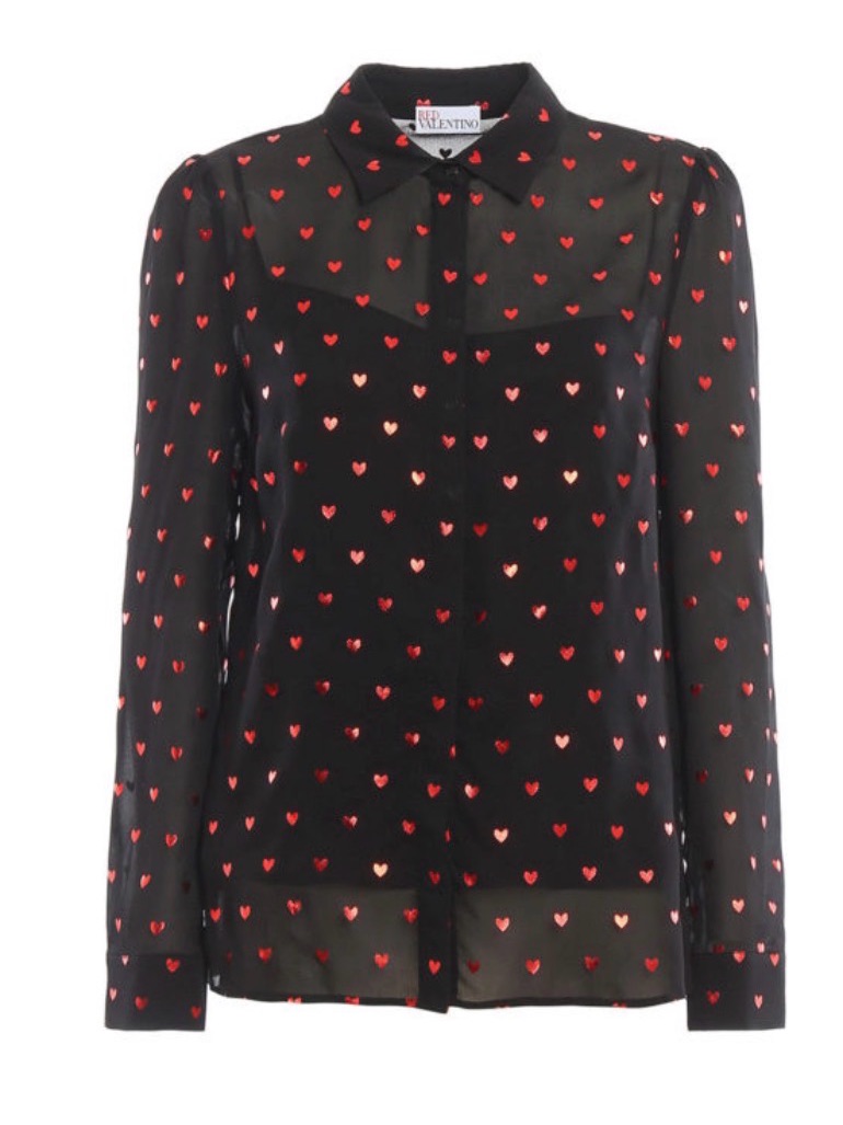 Red Valentino Black Sheer Button-Down Shirt With Red Heart Print